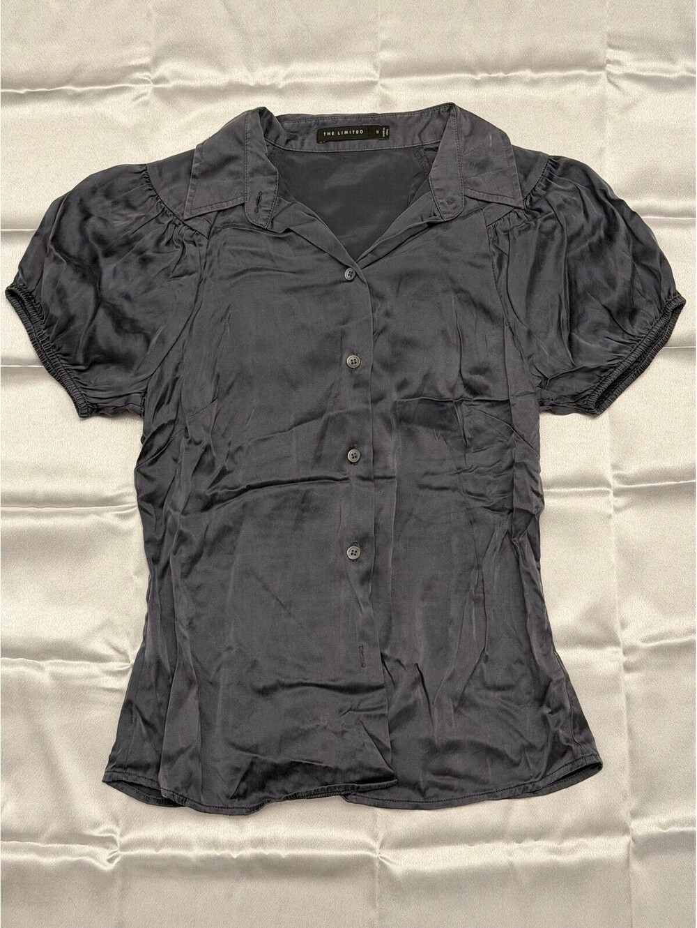 The Limited Silk Blend Blouse S Charcoal Grey Puff Sleeve Button Up Y2K